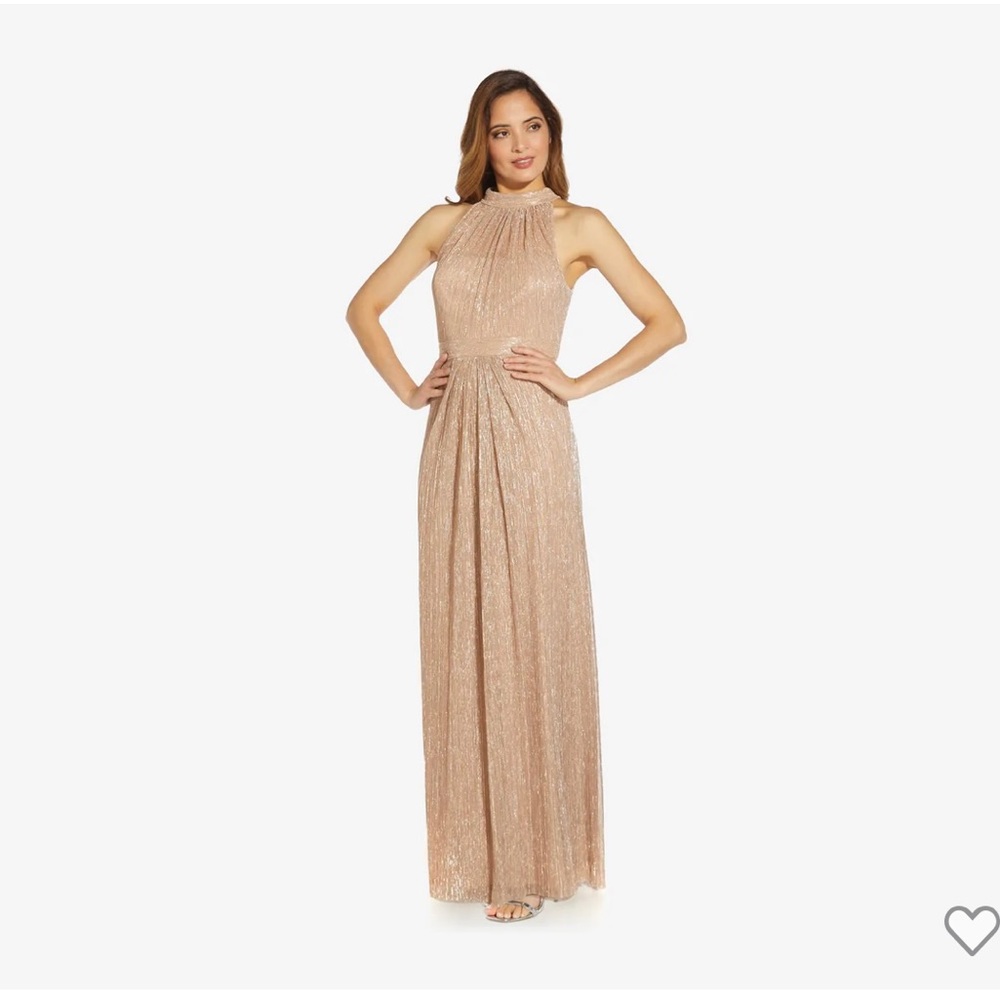 Adrianna Papell Metallic Knit Halter Long Gown - Champagne Gold